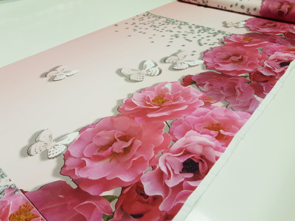 Bombažni jersey,digitalni, abstrakt- roza roža po robu panele