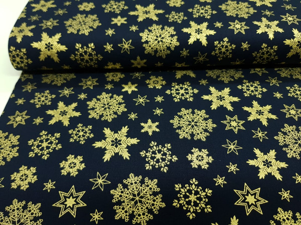 Bombažni popelin-božični motiv, zlate snežinke in zvezde, temno modra osnova