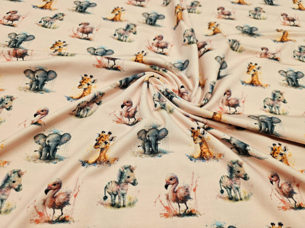Bombažni jersey- žirafa,slon, zebra, flamingo na temnejši marelični osnovi