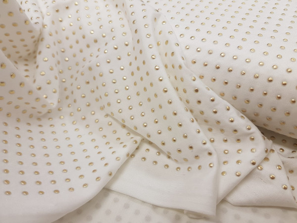 Poliesterski jersey-podoben lajkri-zlate pikice na smetana osnovi*