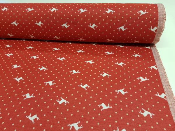 Dekor gobelin - jelenčki, pikice rdeča osnova, širina 140 cm