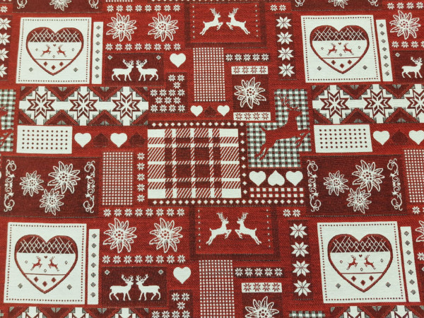 Dekor gobelin -patchwork, srčki jelenčki, rdeča osnova, širina 280 cm