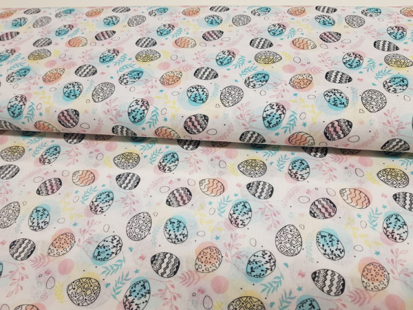 Bombažni poplin-pirhi,velikonočni na beli osnovi