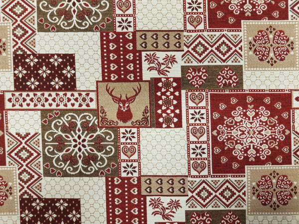 Dekor -patchwork, srčki, jelenčki, rdeča bež kombinacija, širina 140cm 