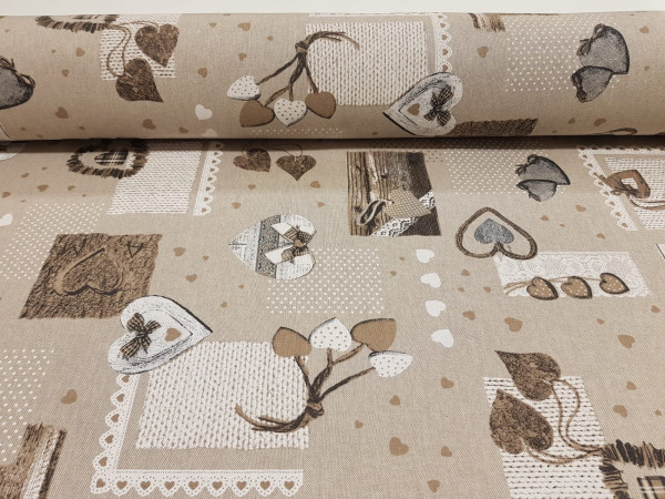 Dekor - srca v natur barvah ŠIRINA 140CM