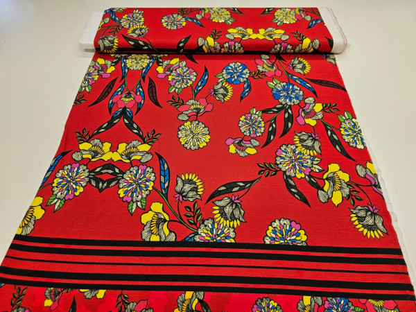 Težji, kompaktni jersey- panel 140cm rože abstrakt na rdeči osnovi