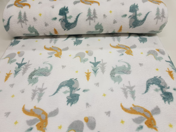 termovelur,velur, coral, fleece - zmajčki v gozdu, bela osnova