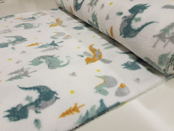 termovelur,velur, coral, fleece - zmajčki v gozdu, bela osnova