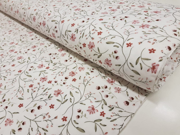 Bombažni jersey,digitalni- nežne rožice na vejicah na off white osnovi