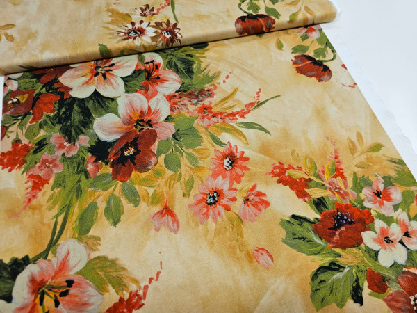 Težji, kompaktni jersey- naslikane rože, temno bež osnova