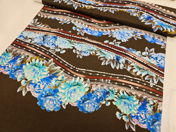 Težji, kompaktni jersey- vijuge in rože, temno rjava osnova