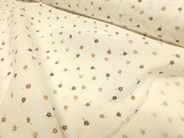 TETRA tkanina, dvoslojna- drobne rožice v rjavkastih tonih, off white osnova