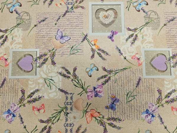 Impregniran dekor-romantični potisk metulji in srca na natur osnovi