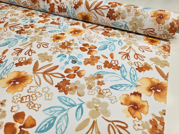 Impregniran dekor-večje oranžne in modre rože na beli osnovi