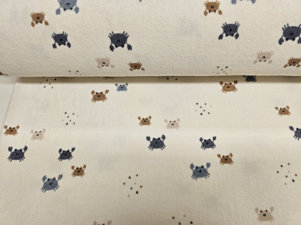 Pliš,frotir-modro sivi bež rakci na off white osnovi