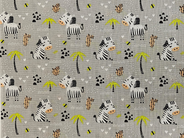 Bombažno platno, poplin- majhne zebre in palme, na sivi osnovi