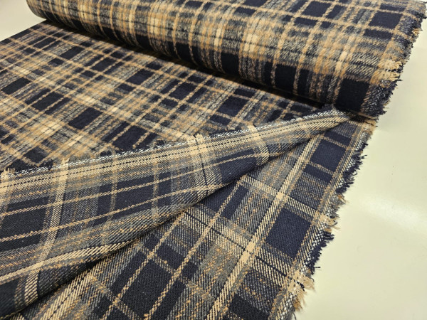 POLIESTER,  karo, flanela - karirasto blago v bež in temno modri barvi