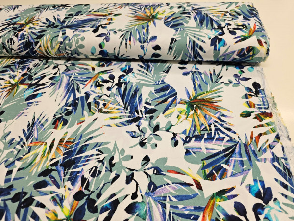 Bombažna tkanina z elastanom- pisani veliki listi na beli osnovi