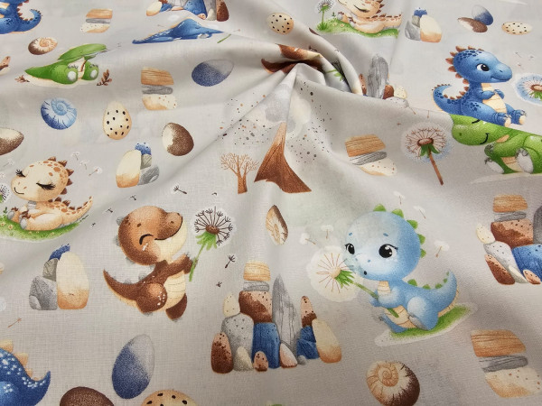 Bombažno platno- dinozavri večji na svetlo sivi osnovi