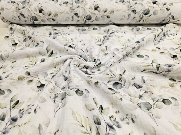 TETRA tkanina, dvoslojna- zeleni in sivi listi na beli osnovi