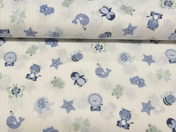 Bombažna tkanina, poplin- živalice in deteljice na črtasti osnovi 