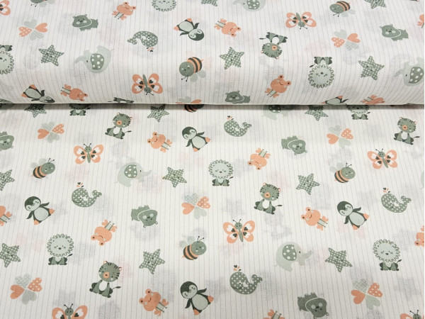 Bombažna tkanina, poplin- živalice in deteljice na črtasti osnovi, zeleno oranžni odtenki 