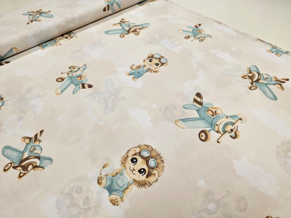 Bombažno platno- letala, levček in gepart na svetli bež osnovi