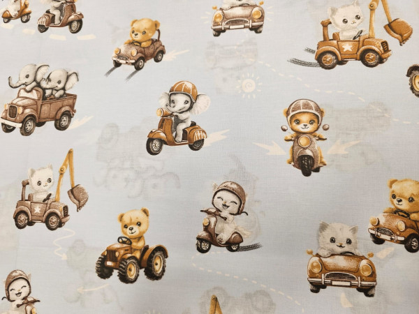 Bombažno platno- slončki, mucek in medvedek na svetlo modri osnovi