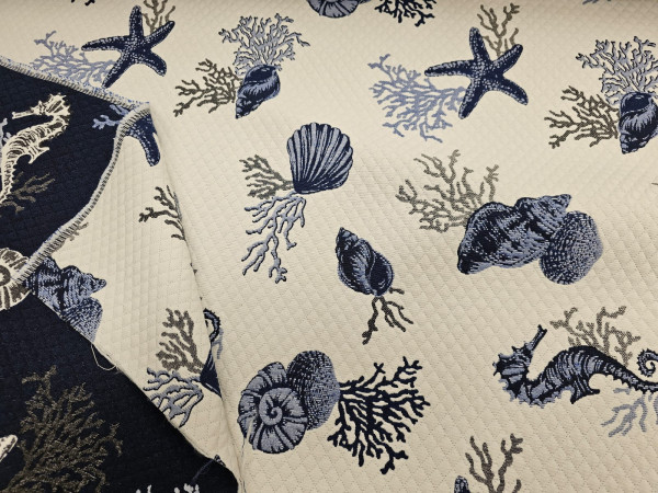 Debelejša dekorativna tkanina, 140cm,prešita, gradl- morski potisk na modri osnovi, obojestranski
