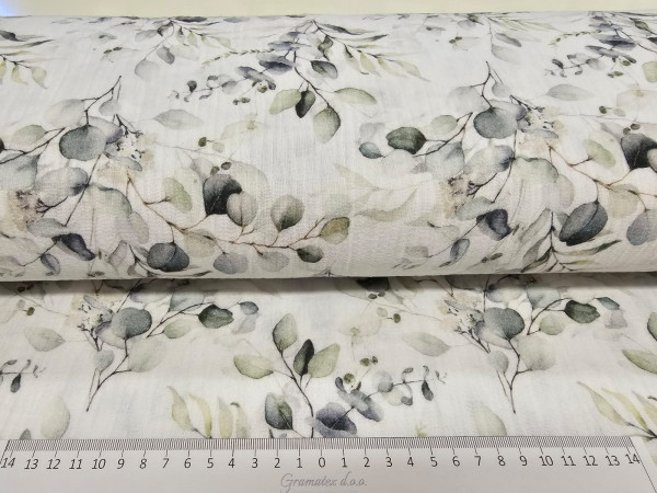 TETRA tkanina, dvoslojna- zelenkasto in sivi listi na beli osnovi