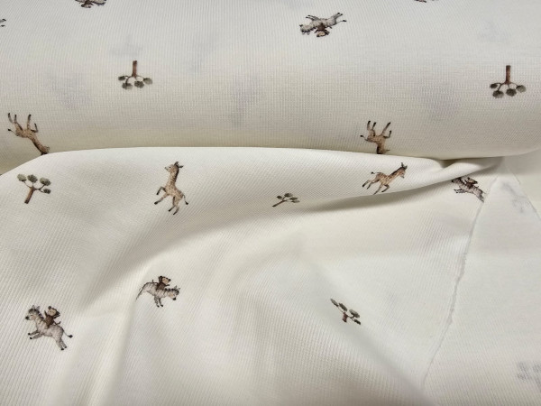 Rebrast bombažni jersey, pletenina-drobne zebrice in žirafe na off white osnovi