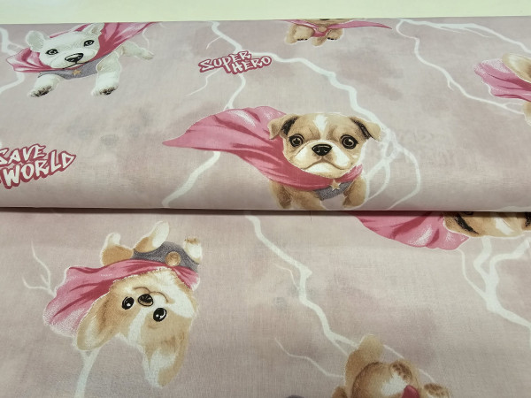 Bombažno platno- kužki, super junaki na puder roza osnovi