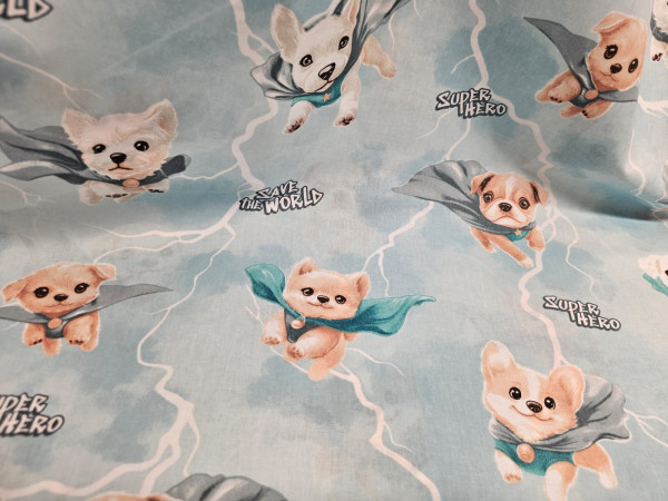 Bombažno platno- kužki, super junaki na svetlo turkizni osnovi