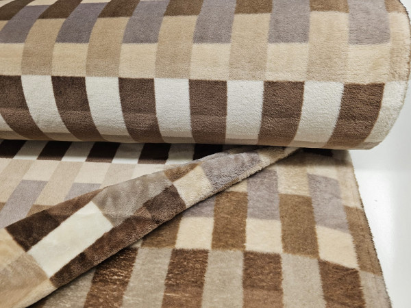 termovelur,velur, coral, fleece -  karo vzorec v rjavo bež odtenkih