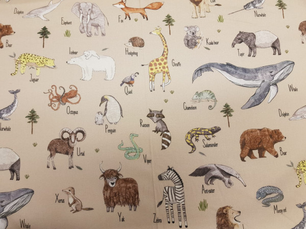 Bombaž, poplin- živalice iz ZOO na svetlo bež barvi