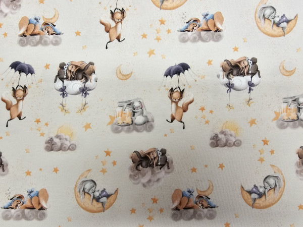 Bombažni jersey-zaspani zajčki in lisica na svetli bež osnovi