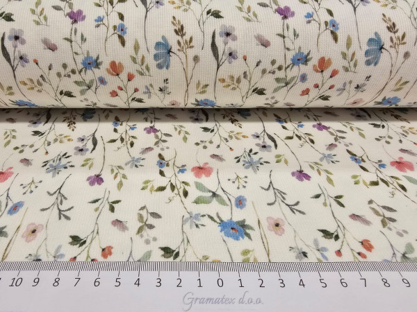 Rebrast bombažni jersey, pletenina- modro, vijola, roza rožice na off white osnovi