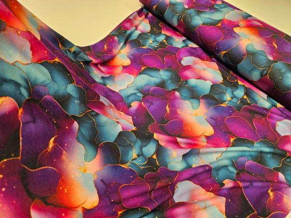 BAMBUS jersey-abstrakt vzorec v vijola in smaragdno zelenih, petrolej odtenkih