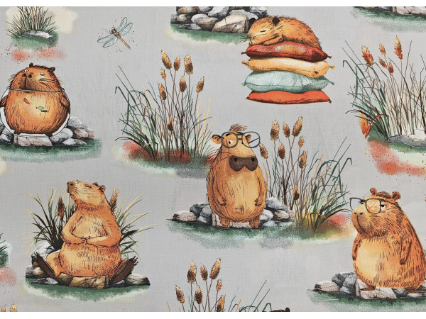 Bombažno platno- bobri na sivi osnovi