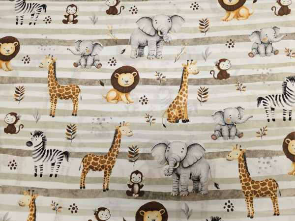 Bombažno platno- afriške živali, črte v peščenih odtenkih