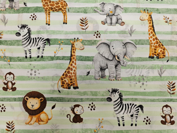 Bombažno platno- afriške živali, črte v zelenih odtenkih