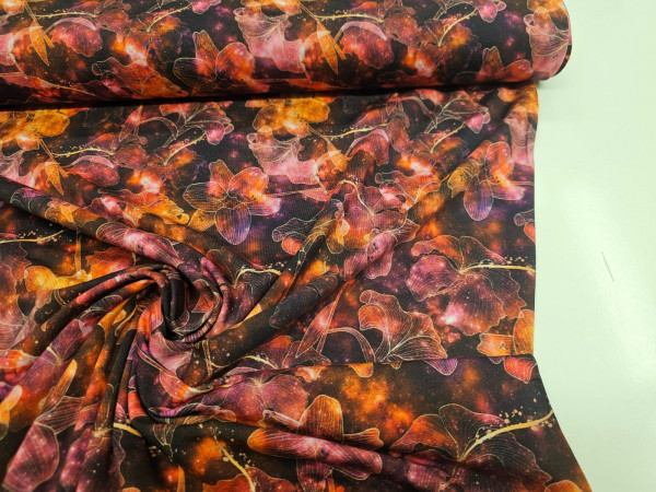 Bombažni jersey,digitalni, abstrakt- rože v bordno, rdečih in oranžnih odtenkih