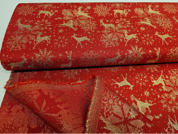 Dekor, božični- lurex nitka slati jelenčki in snežinke na lepi rdeči osnovi