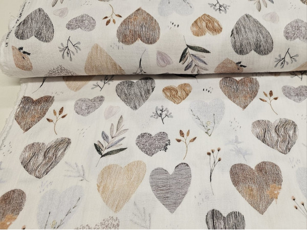 TETRA tkanina, dvoslojna- srčki in vejice rož na beli osnovi