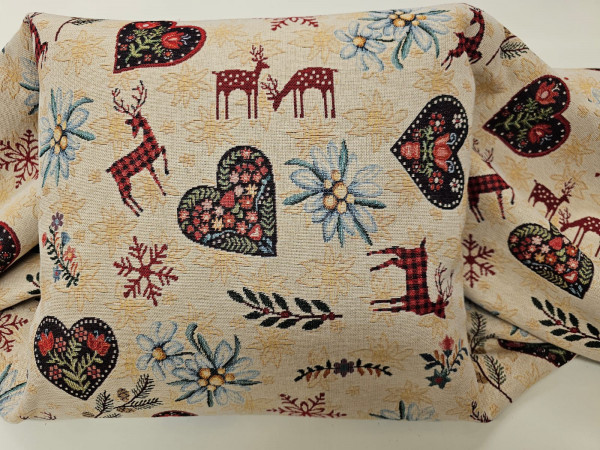 Dekor gobelin - srca, jelenčki, planike na svetlo bež osnovi, V 140CM