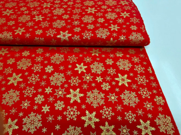 Bombažni popelin-božični motiv, zlate snežinke in zvezde, rdeča osnova, ZADNJI KOS