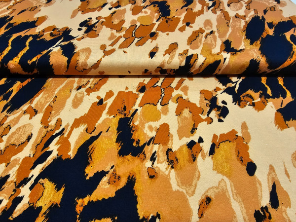 Jersey viskoza- abstraktni vzorec v oranžni in  temno modri barvi