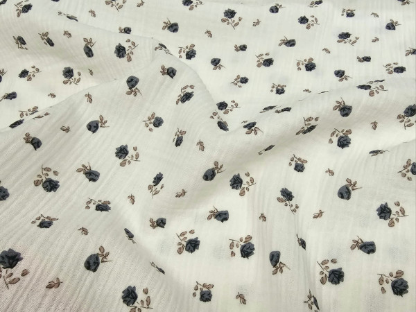 TETRA tkanina, dvoslojna- drobne sive rožice na beli osnovi