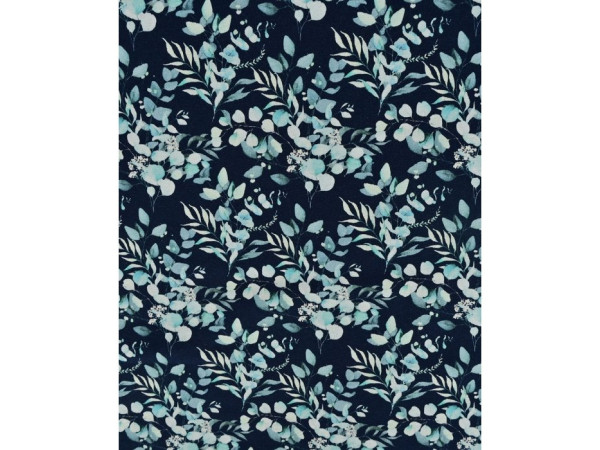 Bombažni jersey,digitalni- turkizno modri listki na temno modri osnovi