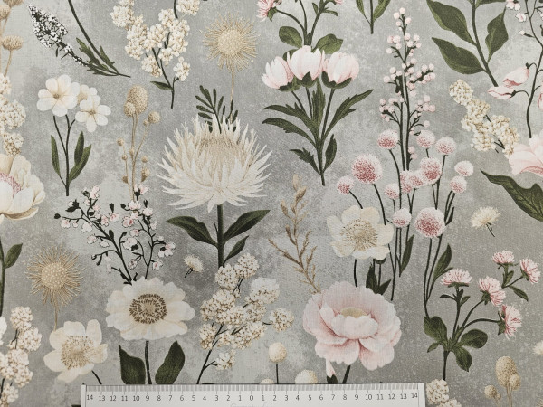 Bombažno platno- rože na sivi osnovi